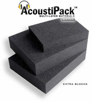 AcoustiPack&trade; EXTRA Foam Blocks. Image shows 3 black acoustic foam blocks unpacked. Image also contains icons reading: RoHS Compliant.