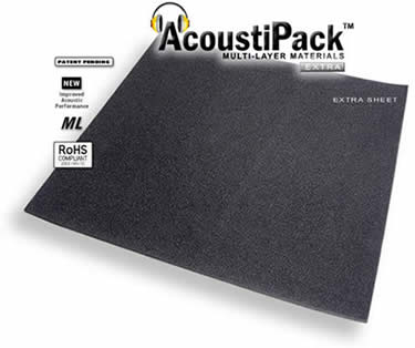 AcoustiPack&trade; EXTRA Sheet (7mm). Image shows a single black sheet of acoustic materials. Image also contains icons reading: patent pending, new improved acoustic performance, multi-layer and RoHS Compliant.