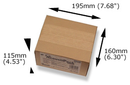 AcoustiPack&trade; EXTRA kit packaging. Image shows a printed brown cardboard package, with product label, and 'AcoustiPack' logo. The external dimensions are shown.