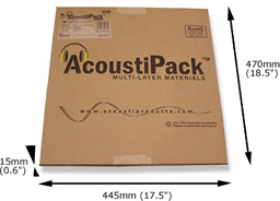 AcoustiPack&trade; EXTRA kit packaging. Image shows a printed brown cardboard package, with product label, and 'AcoustiPack' logo. The external dimensions are shown.