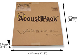 AcoustiPack&trade; LITE kit packaging. Image shows a printed brown cardboard package, with product label, and 'AcoustiPack' logo. The external dimensions are shown.