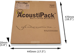 AcoustiPack&trade; ULTIMATE kit packaging. Image shows a printed brown cardboard package, with product label, and 'AcoustiPack' logo. The external dimensions are shown.